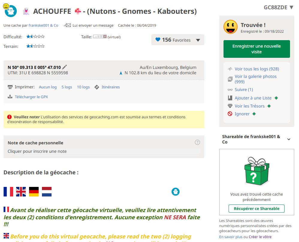 Bouton pour réclamer un Shareable sur une cache déjà trouvée