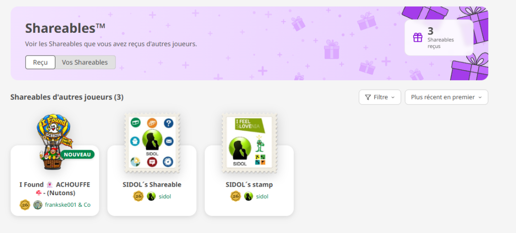 Collection personnelle de Shareables reçus