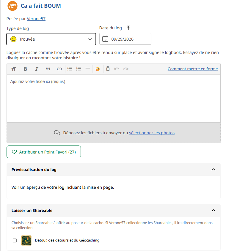 Option pour offrir un Shareable au propriétaire lors du log Trouvé