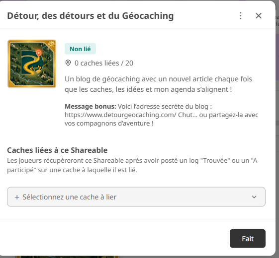 Commande permettant d’associer un Shareable à une géocache