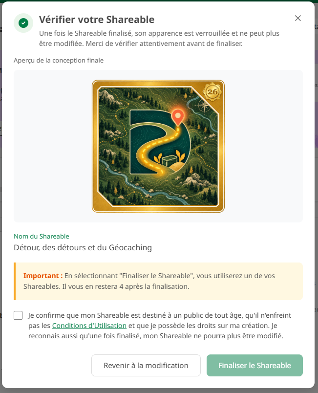 Écran de confirmation avant la finalisation d’un Shareable