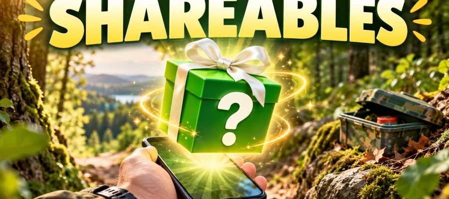Shareables : cadeau vert au ruban blanc qui apparaît sur un téléphone de géocacheur