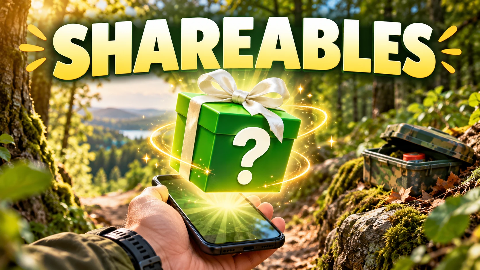 Cadeau Shareable vert au-dessus d’un téléphone de géocacheur