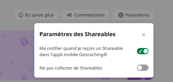 Réglages pour désactiver la collecte et les notifications des Shareables